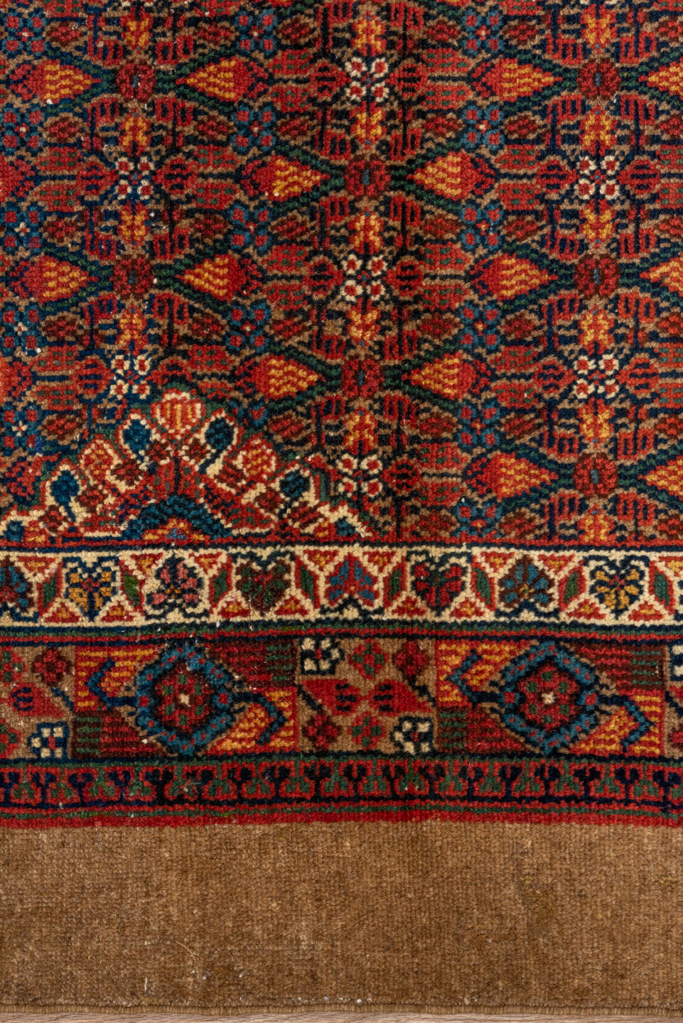 3' x 16' one-of-a-kind handmade antique Cam Hamadan runner rug. Color palette: camel, rust, navy, ivory, indigo, terra cotta