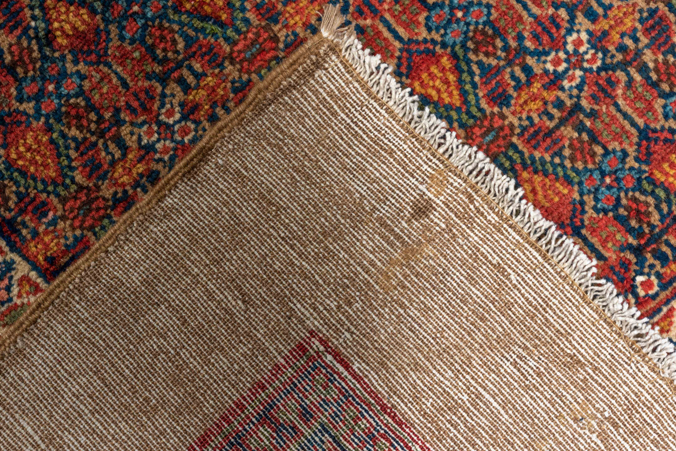 3' x 16' one-of-a-kind handmade vintage Cam Hamadan runner rug. Color palette: blue, brown, gray, off-white, pink, red, snow