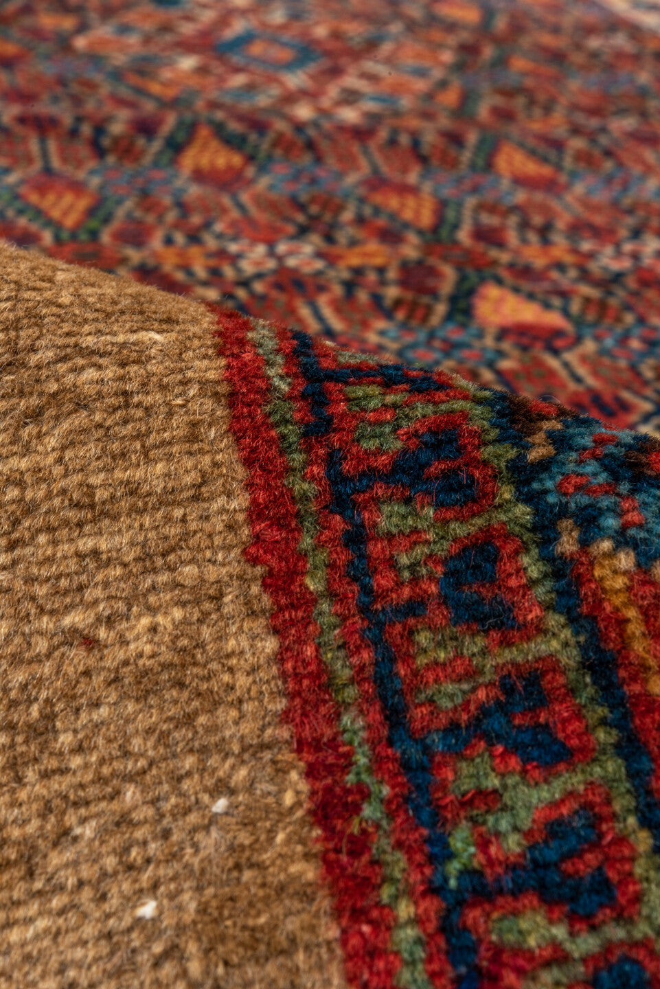 3' x 16' one-of-a-kind handmade vintage Cam Hamadan runner rug. Color palette: blue, brown, gray, off-white, pink, red, snow