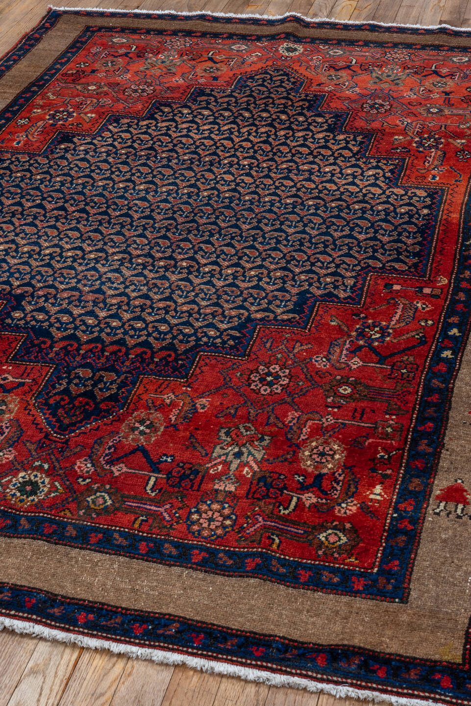 4' x 7' one-of-a-kind handmade antique Hamadan rug. Color palette: rust, indigo, taupe, ivory, crimson, navy, camel
