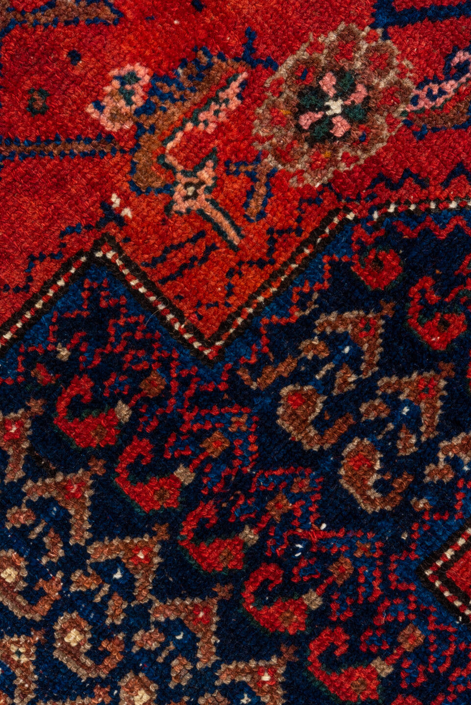 4' x 7' one-of-a-kind handmade antique Hamadan rug. Color palette: rust, indigo, taupe, ivory, crimson, navy, camel