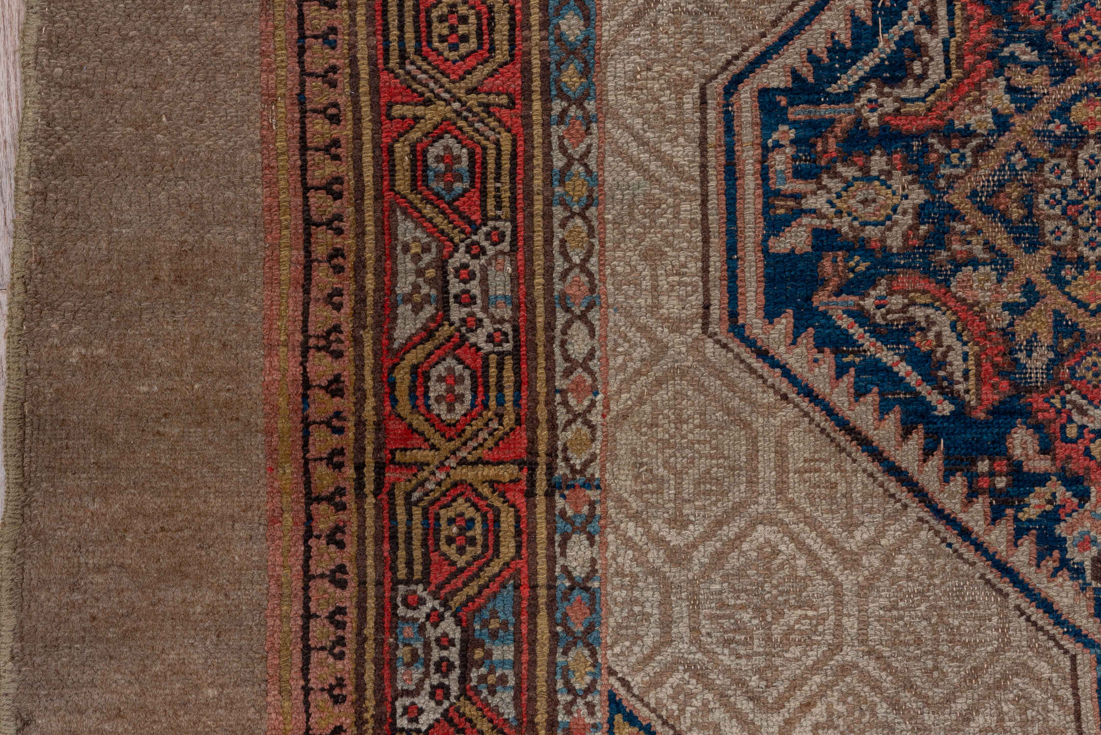 4' x 6' one-of-a-kind handmade vintage Cam Hamadan small size rug. Color palette: camel, ivory, rust, navy, taupe, soft blue