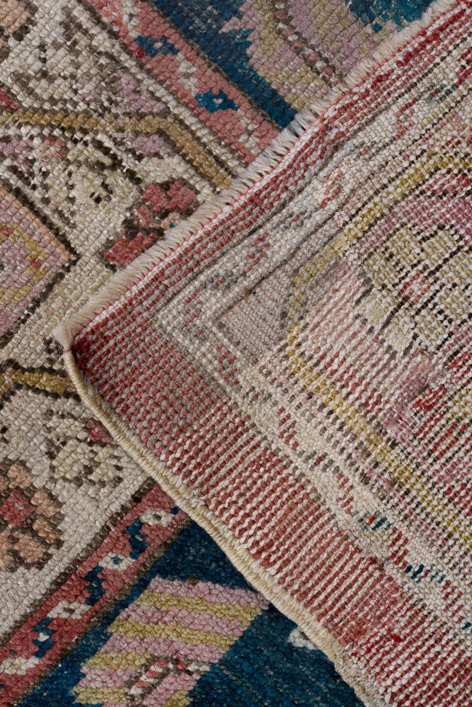 12' x 13' one-of-a-kind handmade antique Oushak oversize rug. Color palette: rose, teal, ivory, taupe, dusty pink, sage