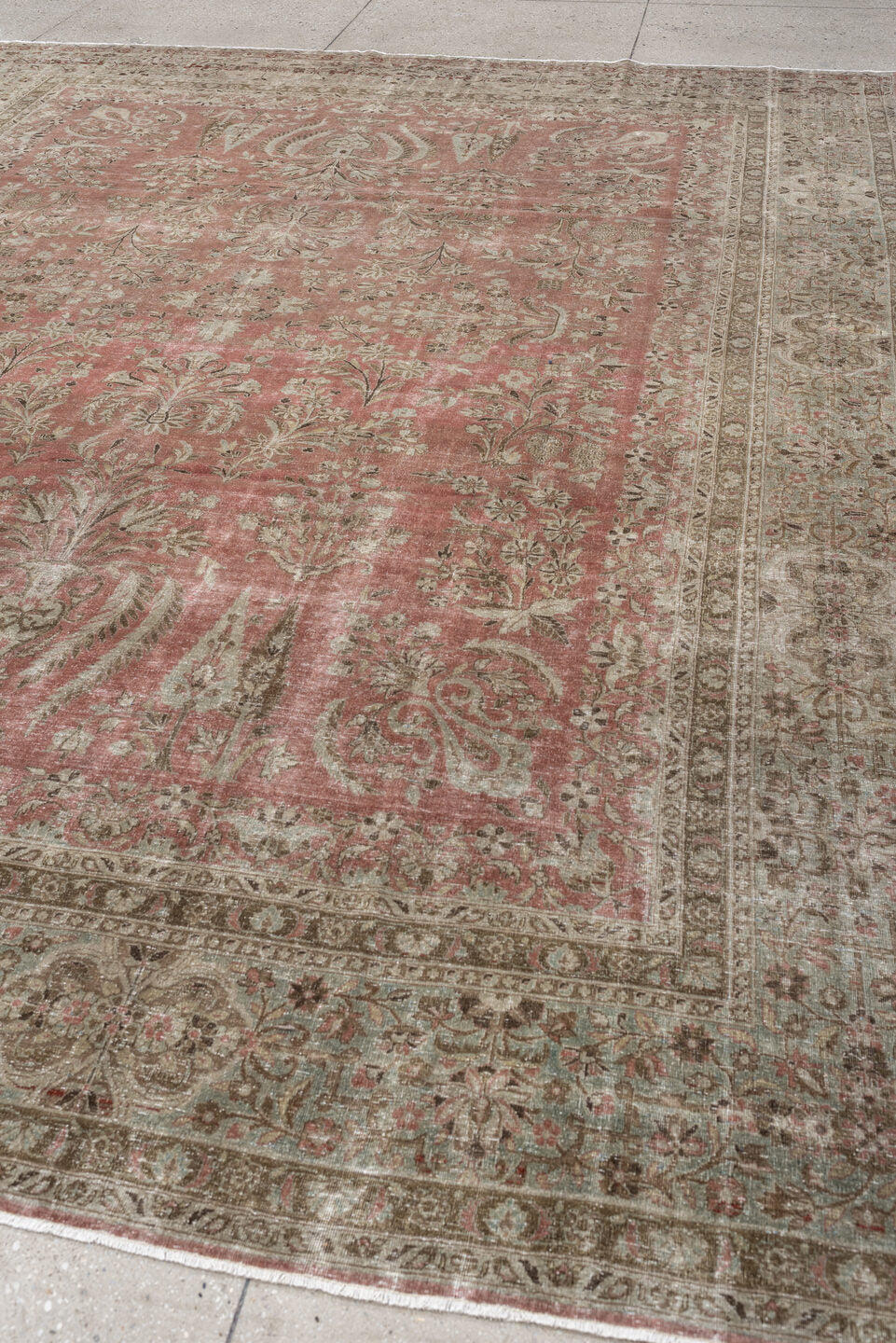 8' x 11' one-of-a-kind handmade antique Kashan large size rug. Color palette: rose, ivory, pale aqua, taupe, sage, camel