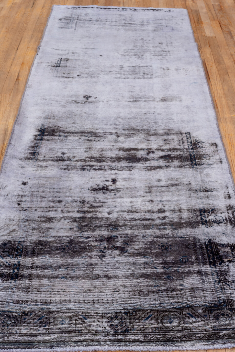 3' x 10' one-of-a-kind handmade vintage Overdyed runner rug. Color palette: blue, gainsboro, gray, light blue, light gray