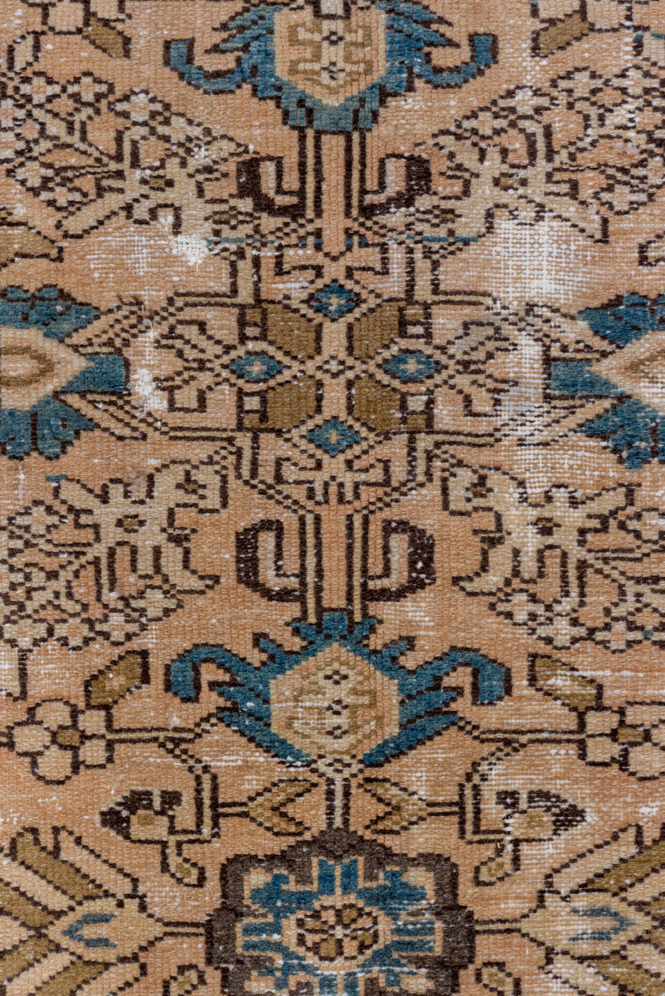 5' x 9' one-of-a-kind handmade vintage Distressed medium size rug. Color palette: tan, ivory, brown, muted blue, taupe