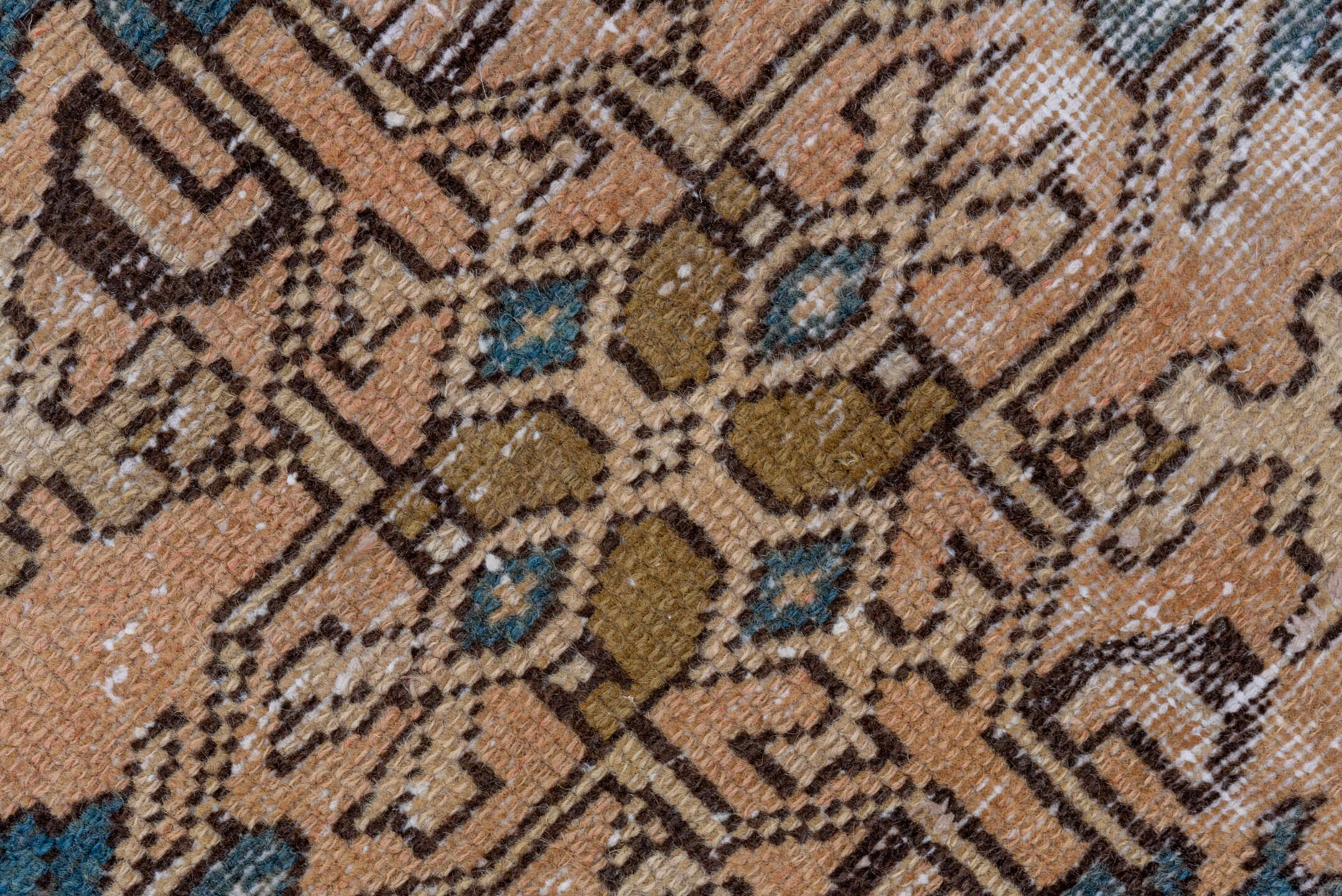 5' x 9' one-of-a-kind handmade vintage Distressed medium size rug. Color palette: tan, ivory, brown, muted blue, taupe