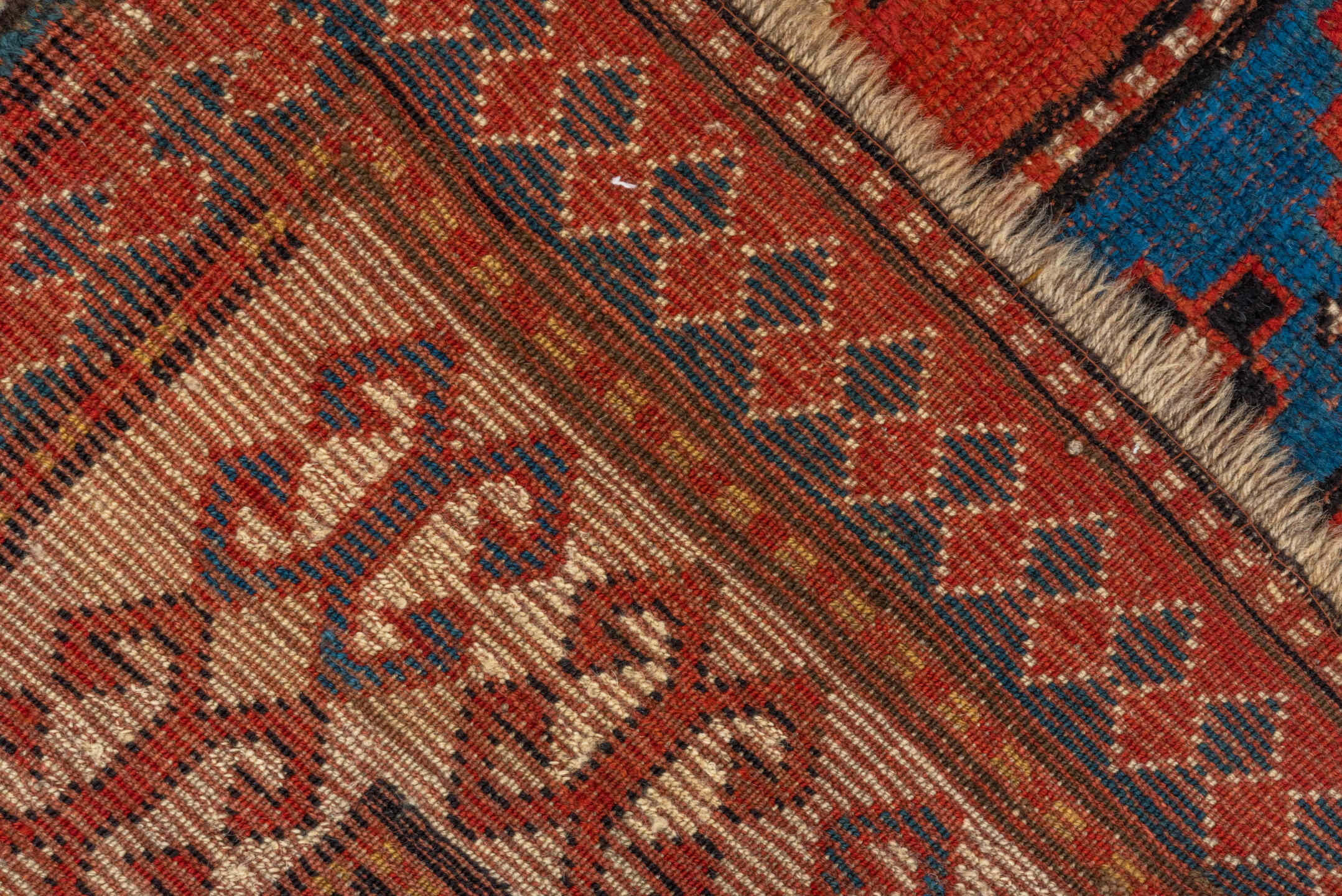 4' x 7' one-of-a-kind handmade vintage Kazak rug. Color palette: arapawa, blue, brown, fiord, gray, light gray, pink, red