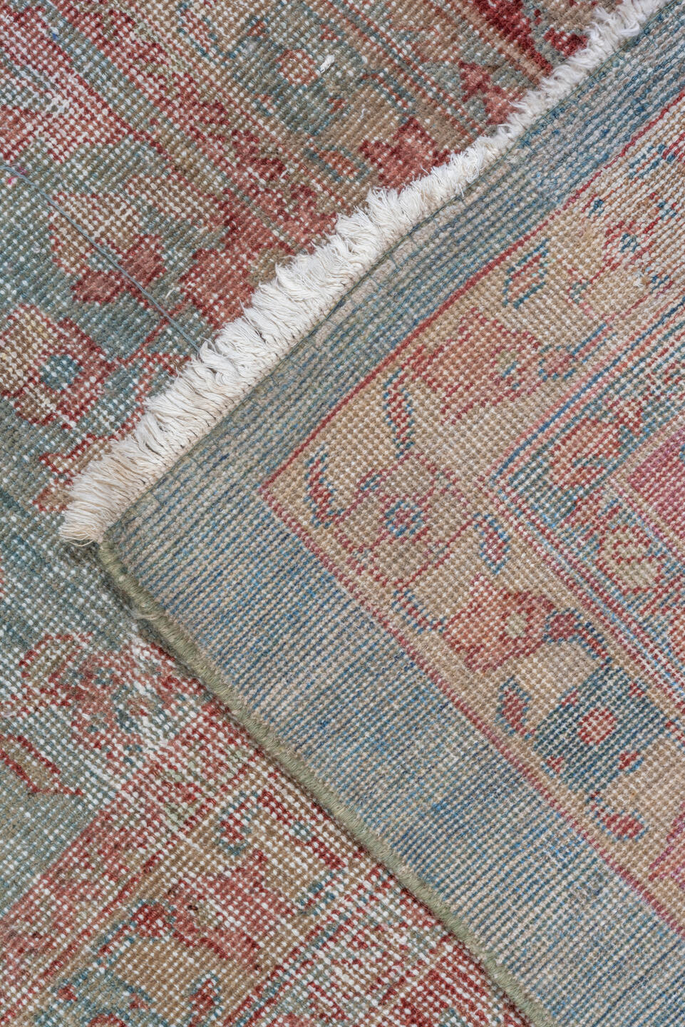 10' x 14' one-of-a-kind handmade antique Mahal oversize rug. Color palette: aqua, rose, rust, ivory, taupe, slate, teal