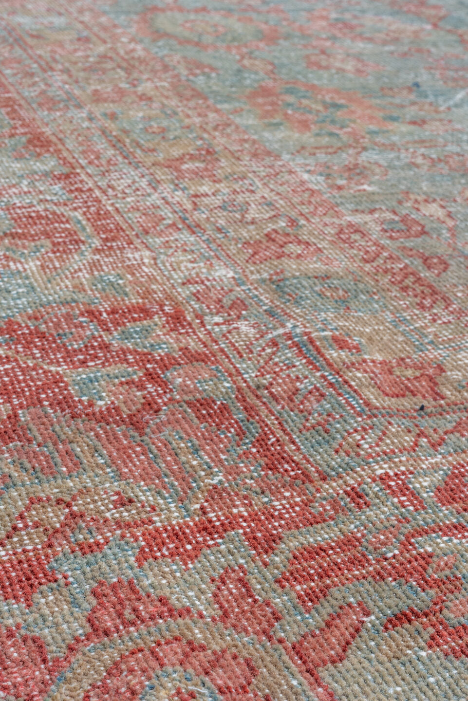 10' x 14' one-of-a-kind handmade antique Mahal oversize rug. Color palette: aqua, rose, rust, ivory, taupe, slate, teal