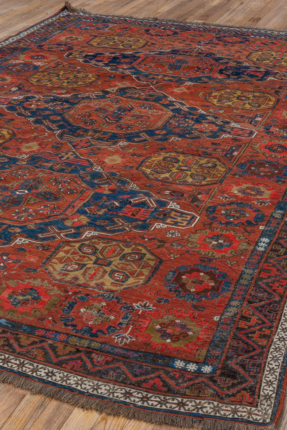 6' x 9' one-of-a-kind handmade vintage Sumak medium size rug. Color palette: blue, brown, dark gray, gray, indian red, pink