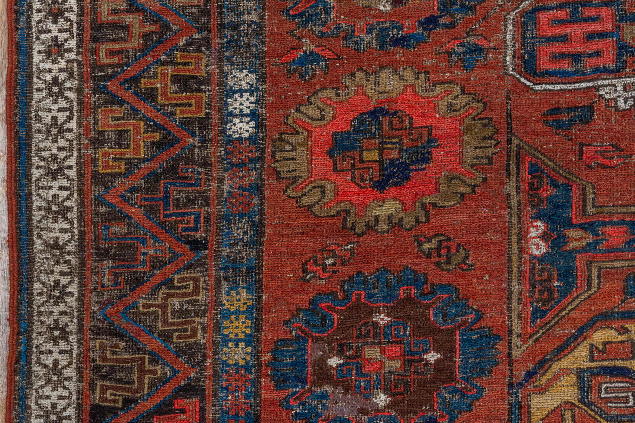 6' x 9' one-of-a-kind handmade vintage Sumak medium size rug. Color palette: blue, brown, dark gray, gray, indian red, pink