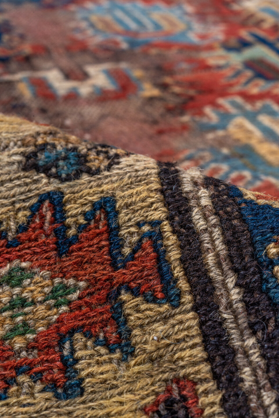 3' x 7' one-of-a-kind handmade antique Sumak runner rug. Color palette: rust, ivory, navy, indigo, camel, gold, crimson