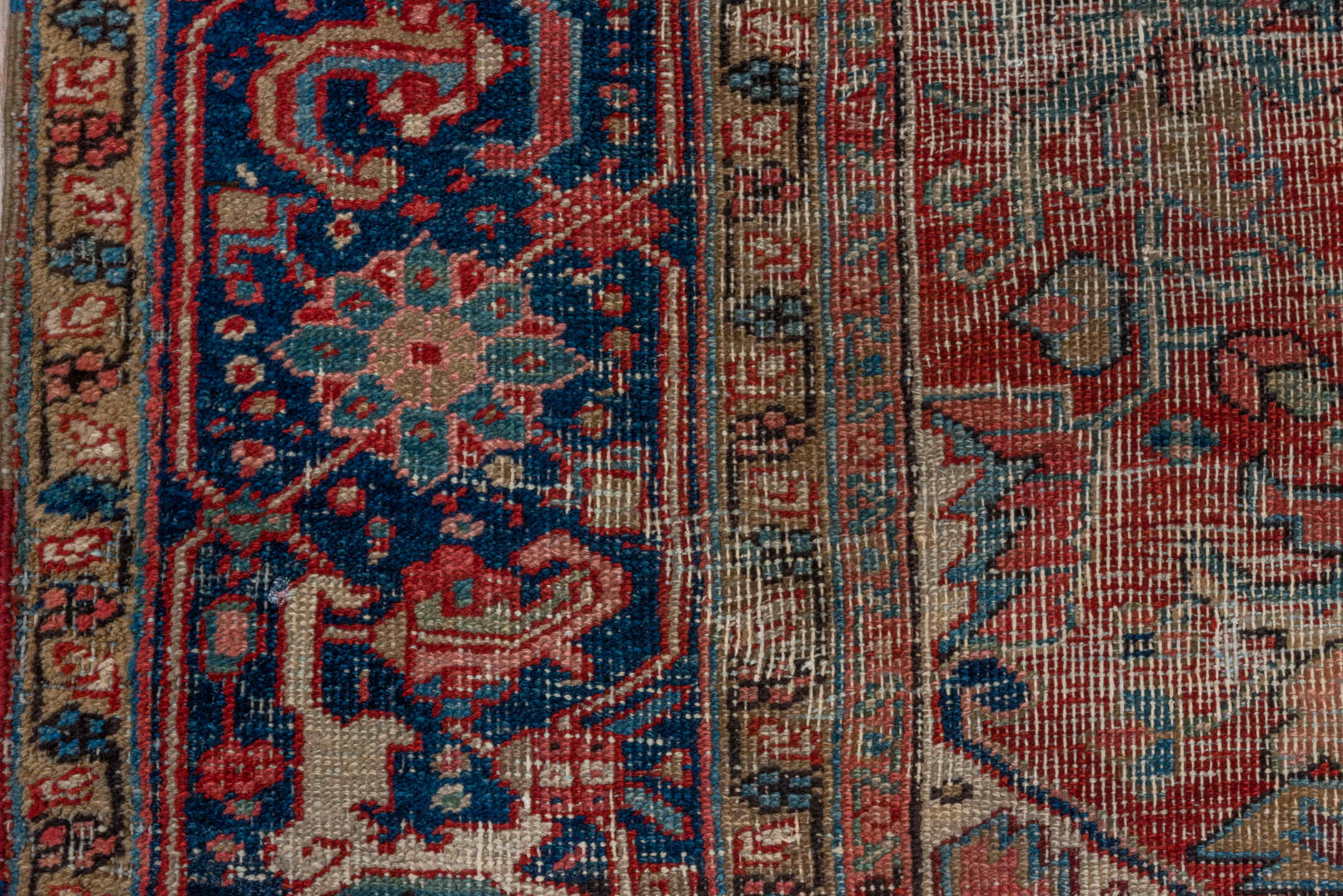 8' x 12' one-of-a-kind handmade antique Heriz large size rug. Color palette: brick red, ivory, navy, dusty teal, taupe, rose
