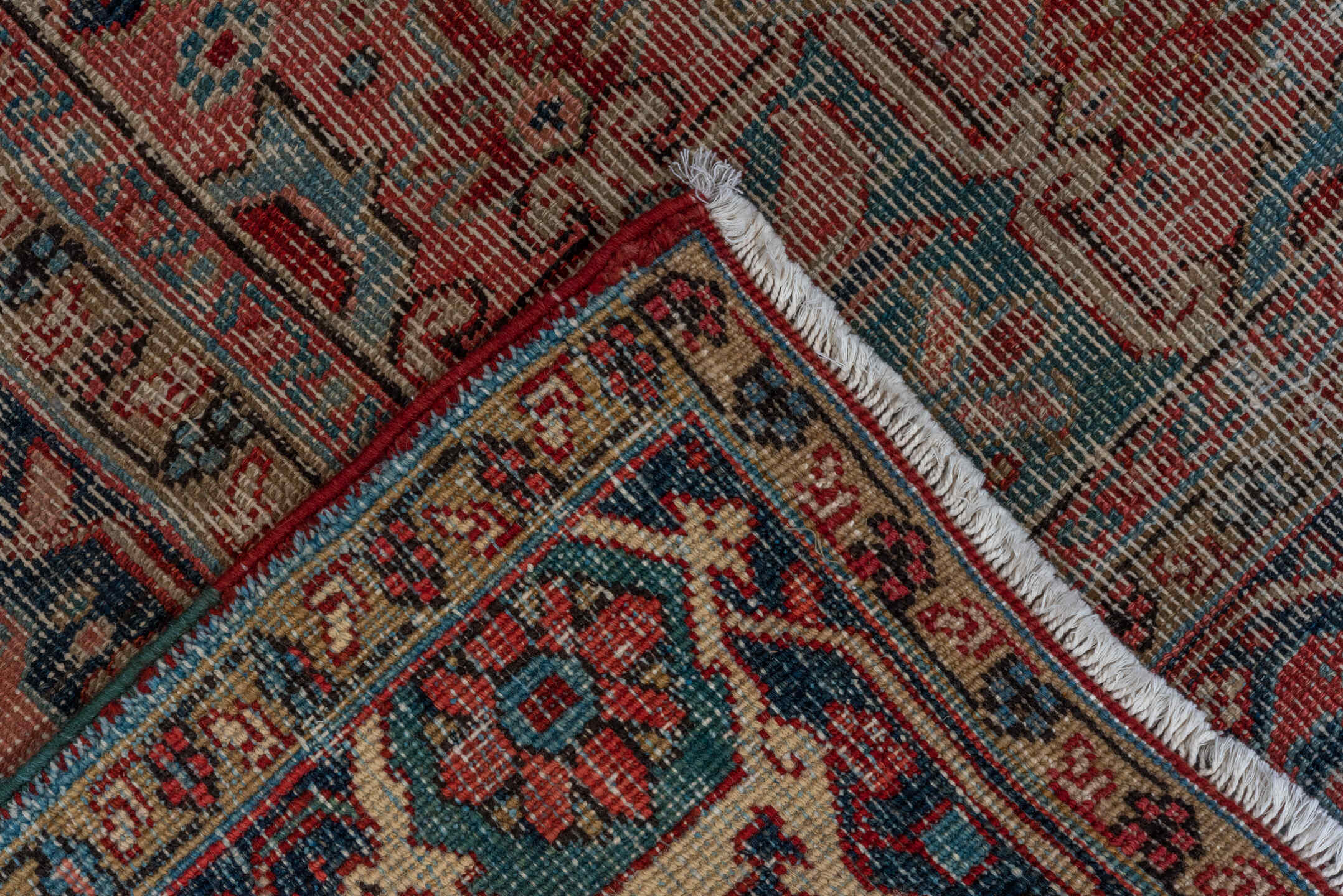 8' x 12' one-of-a-kind handmade antique Heriz large size rug. Color palette: brick red, ivory, navy, dusty teal, taupe, rose