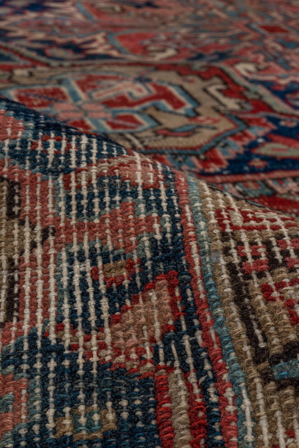 8' x 12' one-of-a-kind handmade antique Heriz large size rug. Color palette: brick red, ivory, navy, dusty teal, taupe, rose