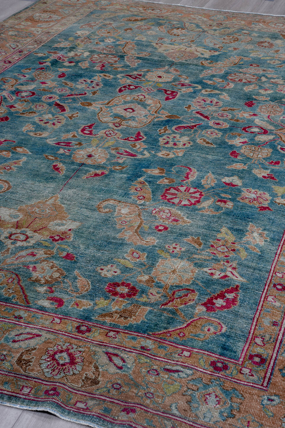 8' x 12' one-of-a-kind handmade vintage Mahal large size rug. Color palette: blue, brown, fiord, gray, pink, red