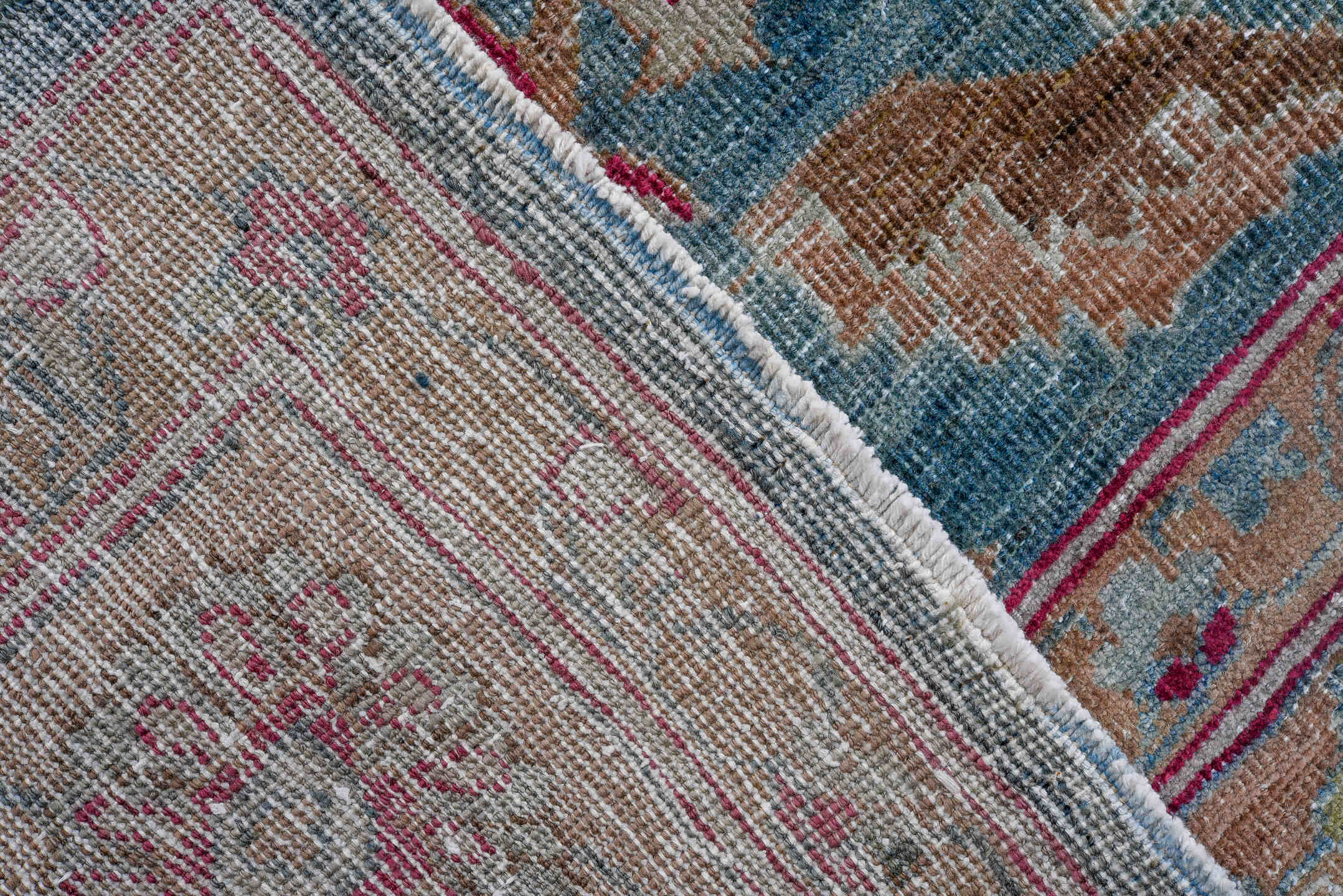 8' x 12' one-of-a-kind handmade vintage Mahal large size rug. Color palette: blue, brown, fiord, gray, pink, red