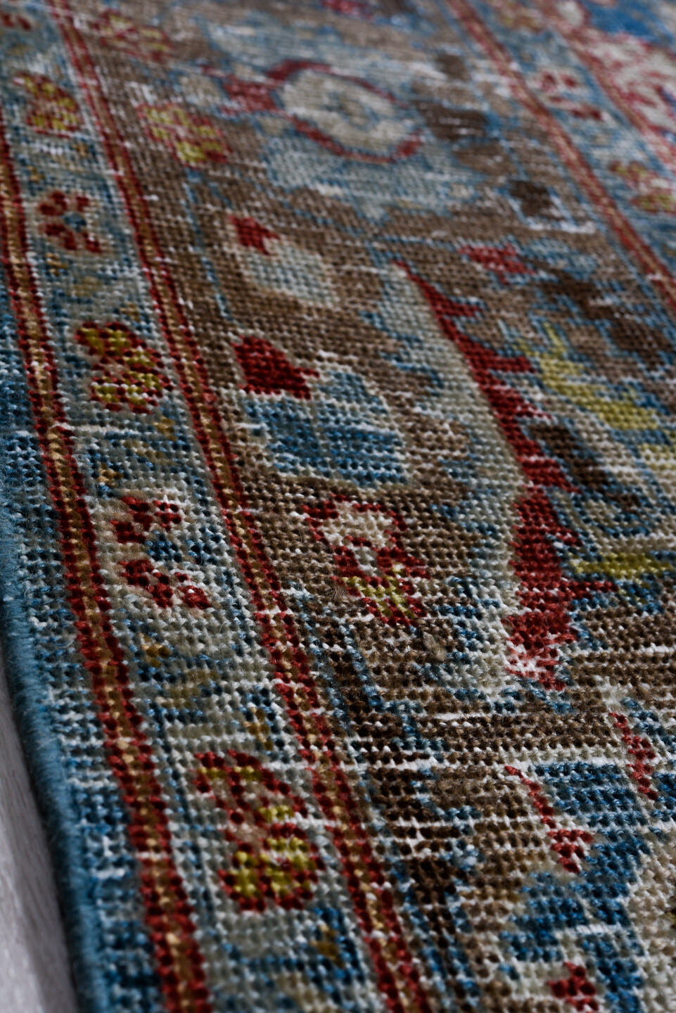 8' x 11' one-of-a-kind handmade antique Tabriz large size rug. Color palette: blue, ivory, taupe, rust, sage, rose, brown