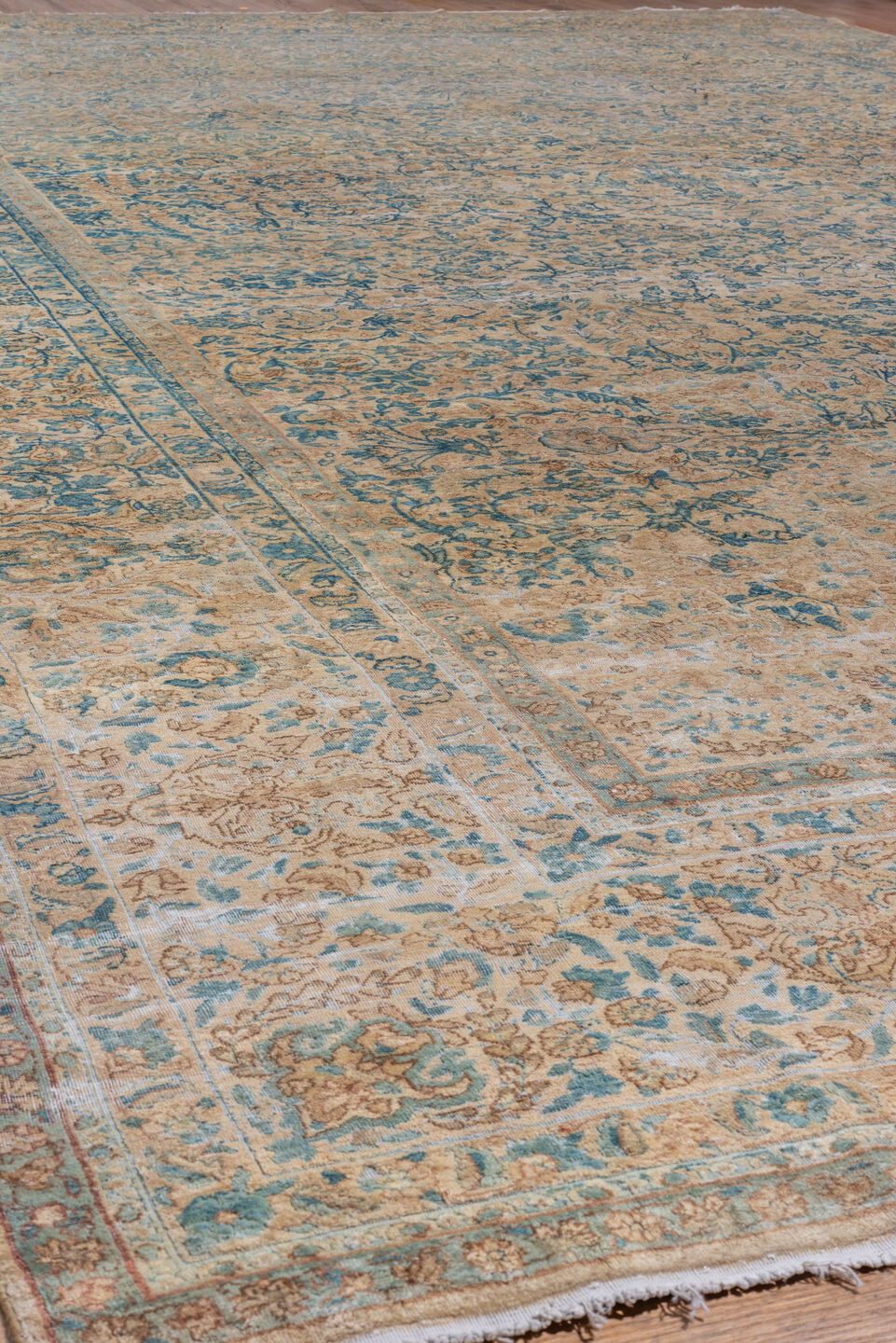 9' x 16' one-of-a-kind handmade vintage Kerman rug. Color palette: ivory, sky blue, beige, taupe, camel, light blue, gray