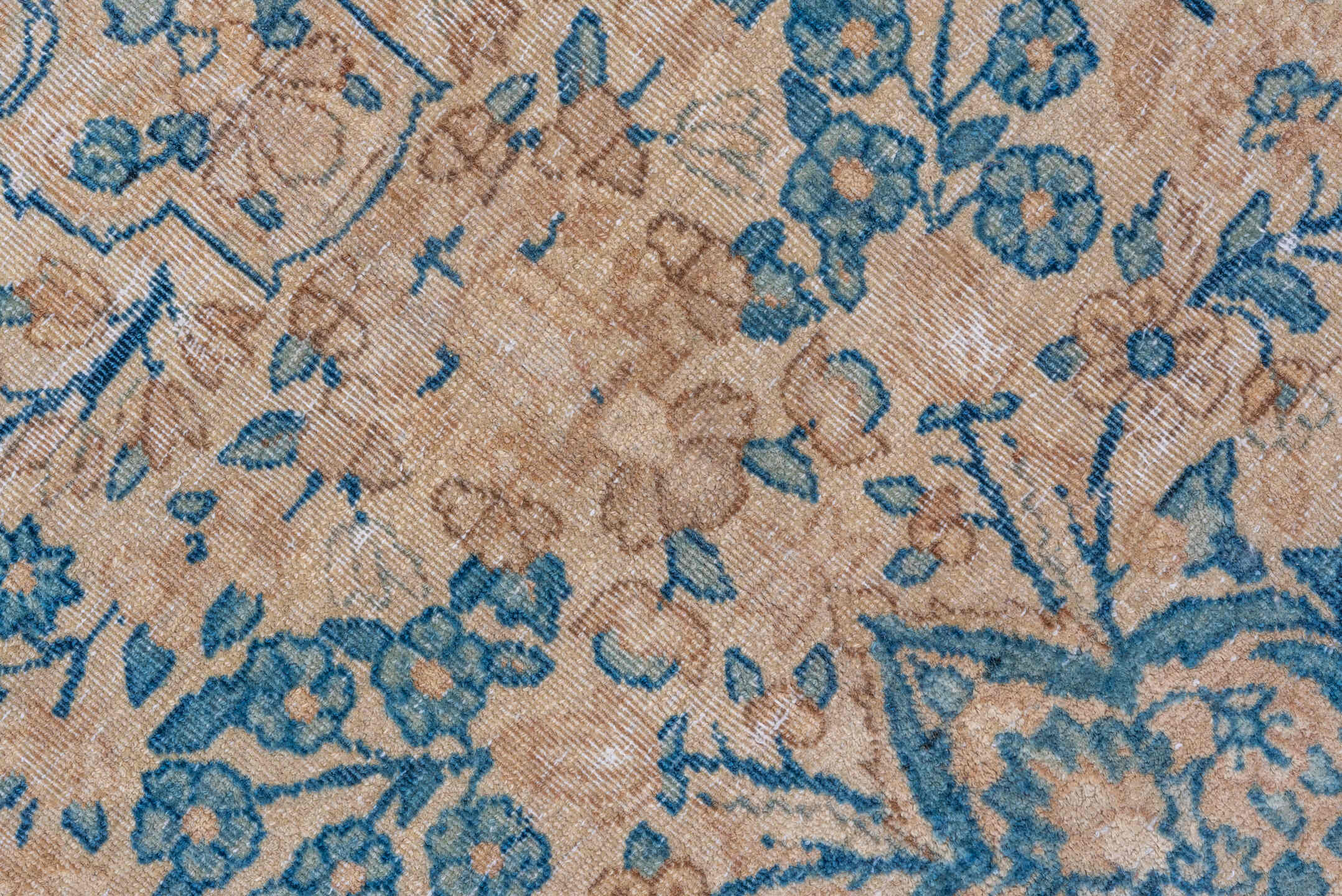 9' x 16' one-of-a-kind handmade vintage Kerman rug. Color palette: ivory, sky blue, beige, taupe, camel, light blue, gray