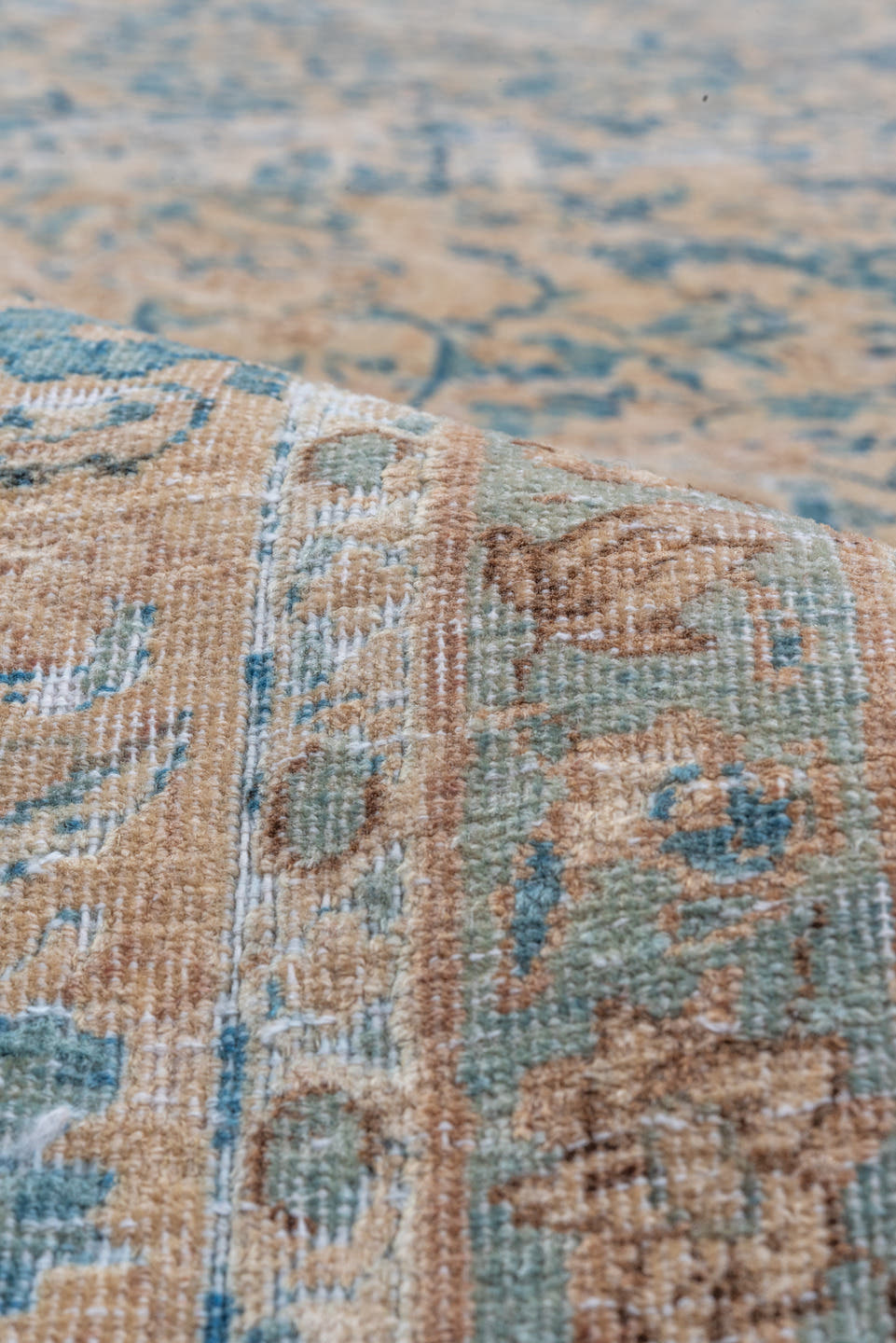 9' x 16' one-of-a-kind handmade vintage Kerman rug. Color palette: ivory, sky blue, beige, taupe, camel, light blue, gray