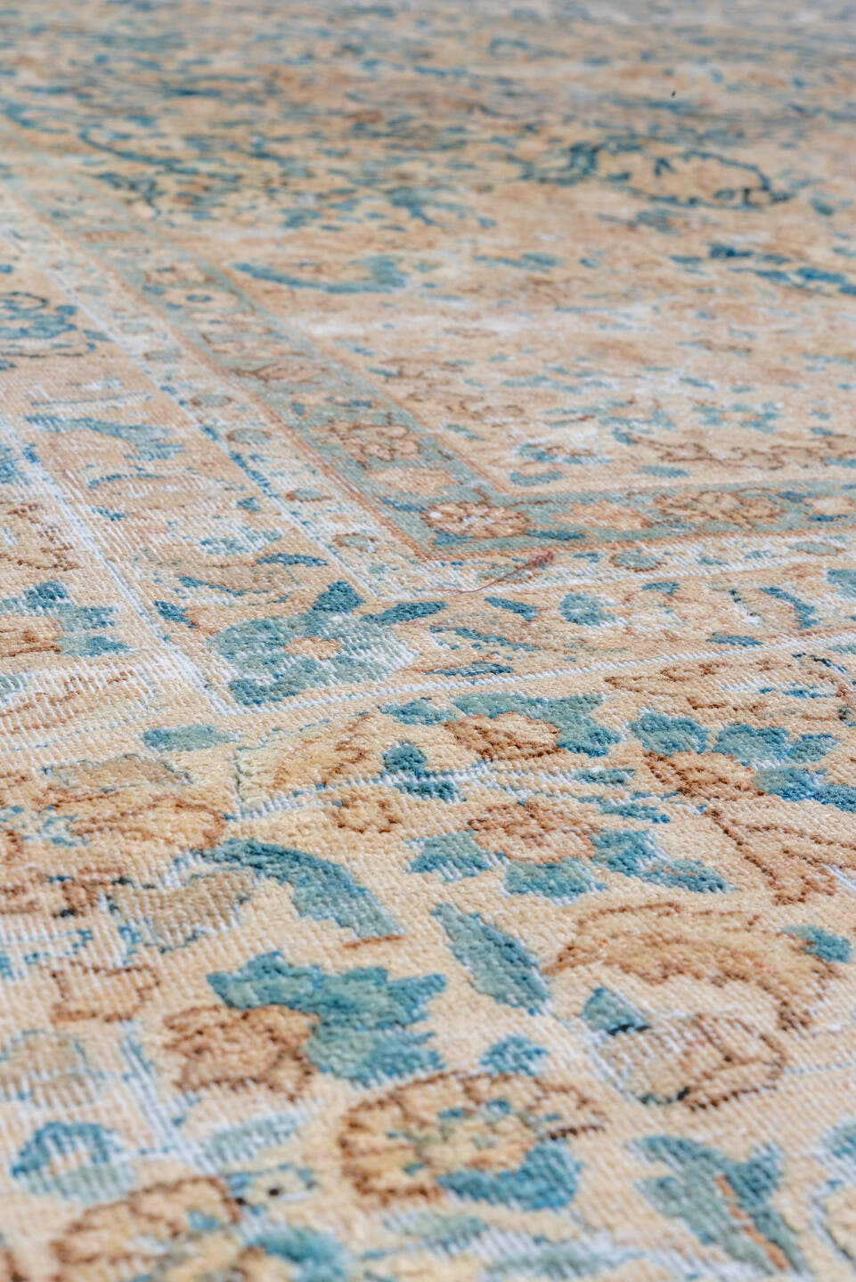 9' x 16' one-of-a-kind handmade vintage Kerman rug. Color palette: ivory, sky blue, beige, taupe, camel, light blue, gray