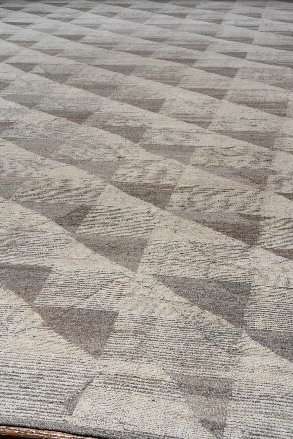 12' x 19' one-of-a-kind handmade vintage Tulu oversize rug. Color palette: ivory, taupe, beige, cream, greige, gray