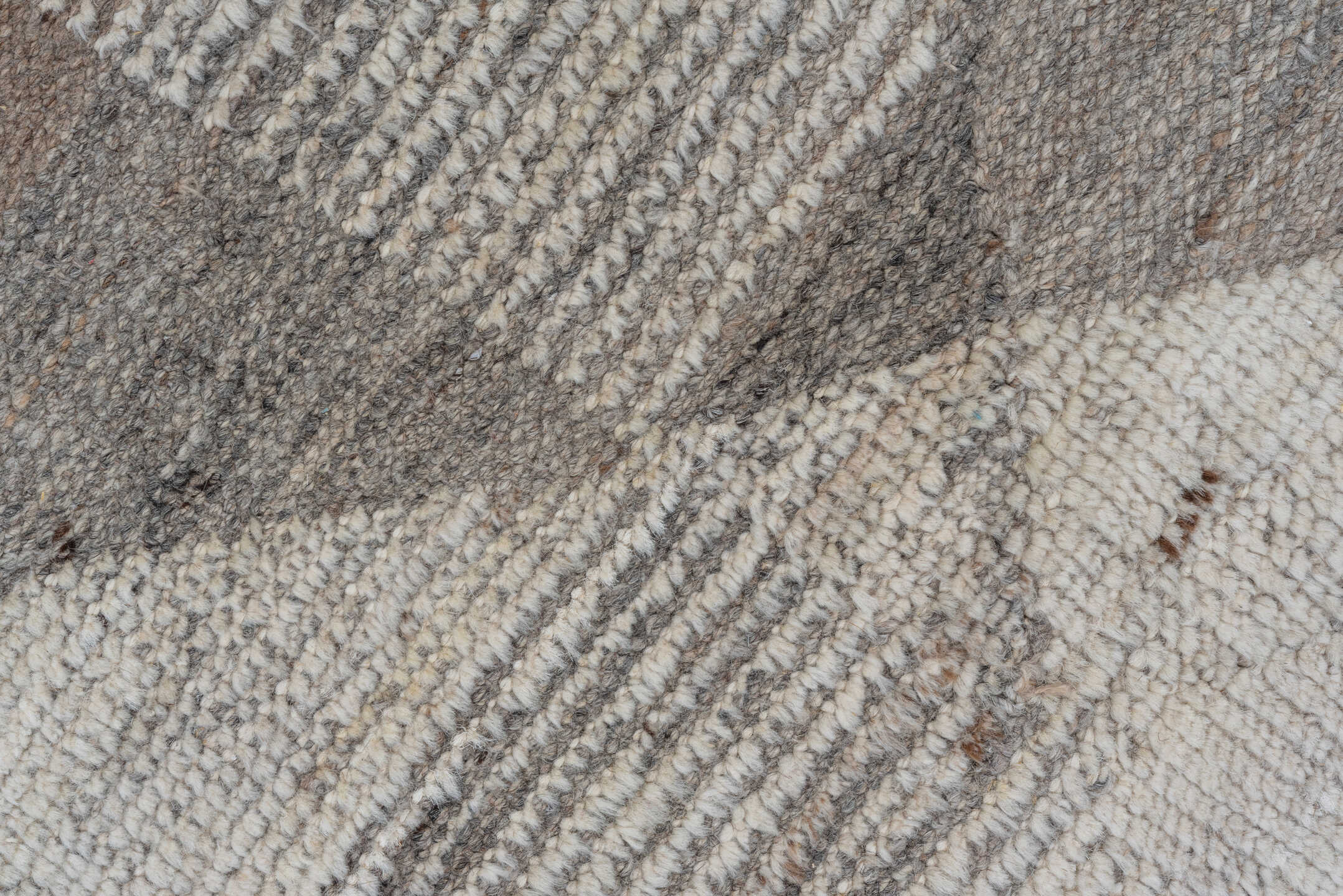 12' x 19' one-of-a-kind handmade vintage Tulu oversize rug. Color palette: ivory, taupe, beige, cream, greige, gray