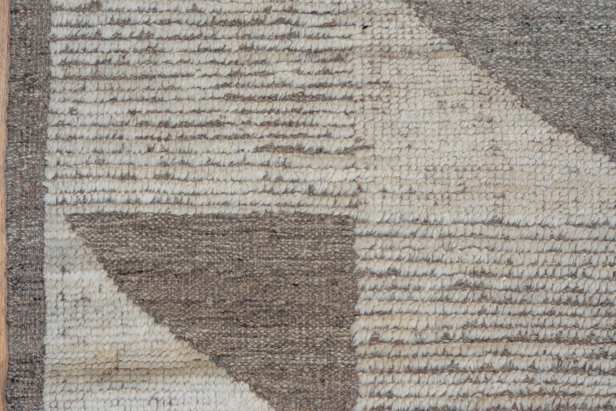 12' x 19' one-of-a-kind handmade vintage Tulu oversize rug. Color palette: ivory, taupe, beige, cream, greige, gray