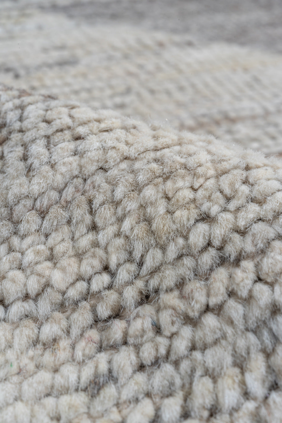 12' x 19' one-of-a-kind handmade vintage Tulu oversize rug. Color palette: ivory, taupe, beige, cream, greige, gray