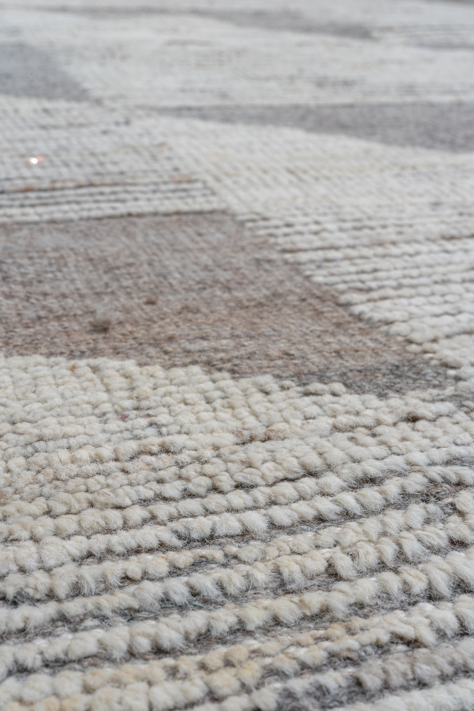 12' x 19' one-of-a-kind handmade vintage Tulu oversize rug. Color palette: ivory, taupe, beige, cream, greige, gray