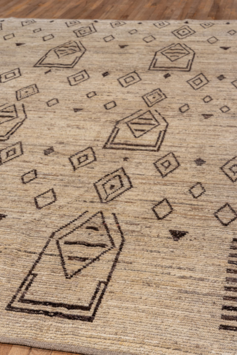 9' x 11' one-of-a-kind handmade vintage Tulu large size rug. Color palette: ivory, brown, taupe, charcoal, beige, gray