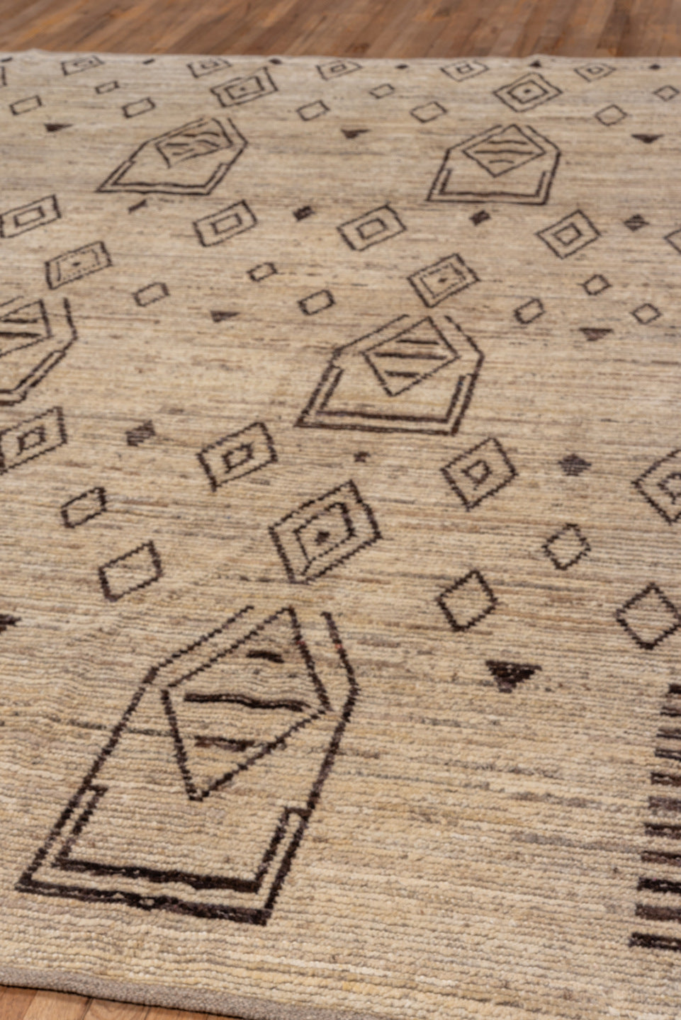 9' x 11' one-of-a-kind handmade vintage Tulu large size rug. Color palette: ivory, brown, taupe, charcoal, beige, gray