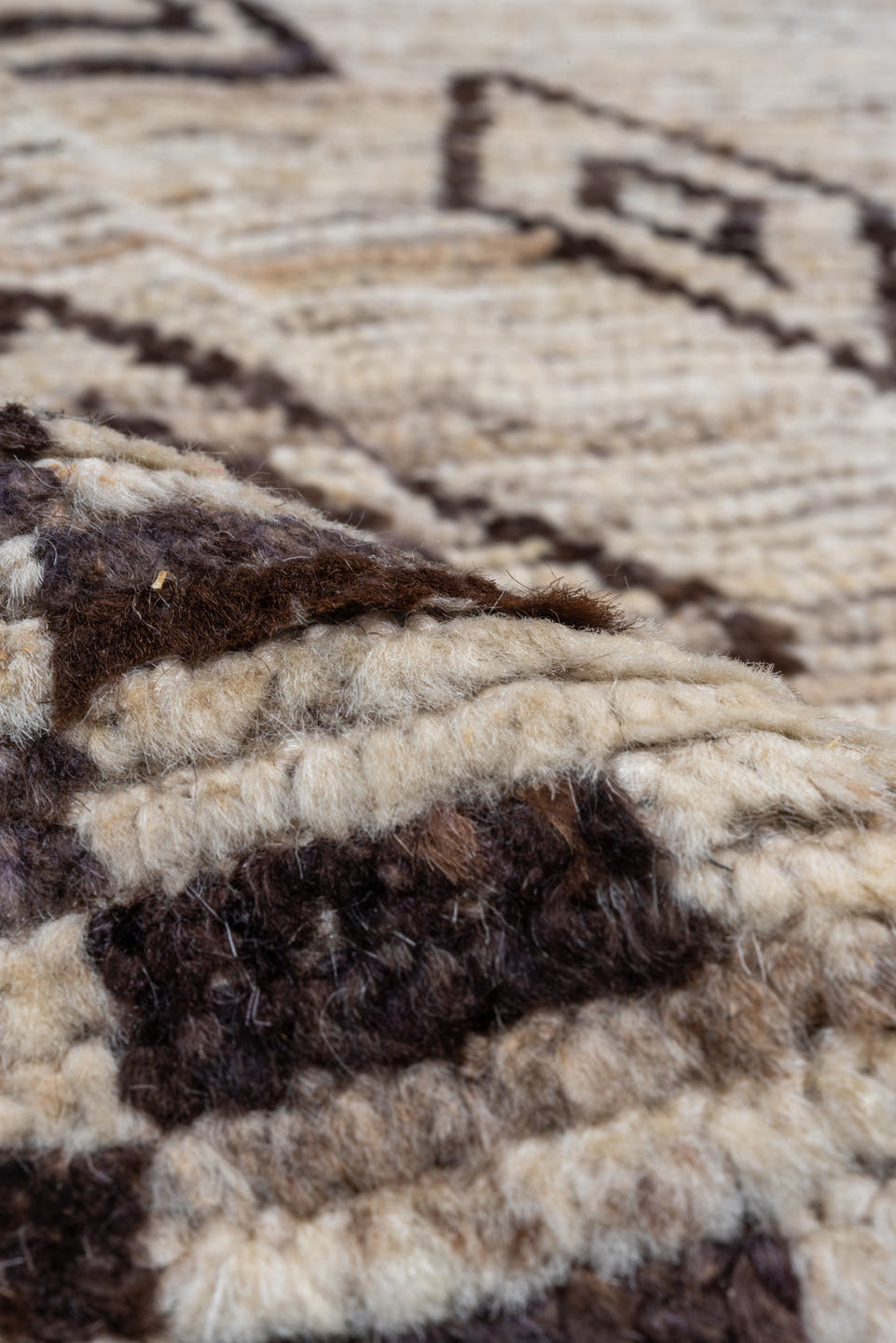 9' x 11' one-of-a-kind handmade vintage Tulu large size rug. Color palette: ivory, brown, taupe, charcoal, beige, gray