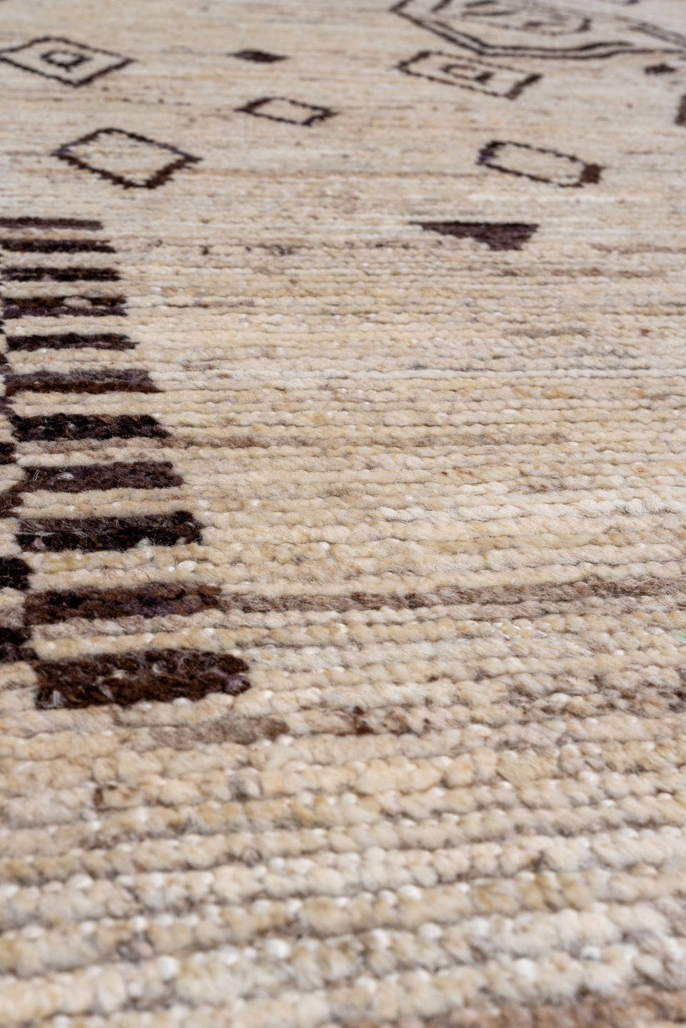 9' x 11' one-of-a-kind handmade vintage Tulu large size rug. Color palette: ivory, brown, taupe, charcoal, beige, gray