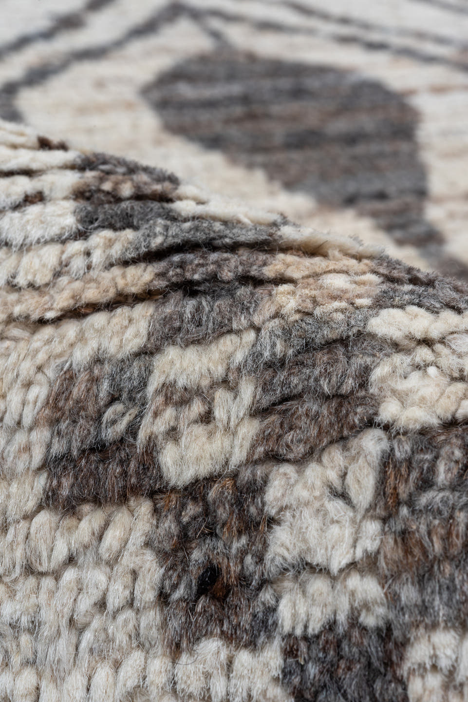 10' x 14' one-of-a-kind handmade vintage Tulu large size rug. Color palette: ivory, charcoal, taupe, gray, brown, black