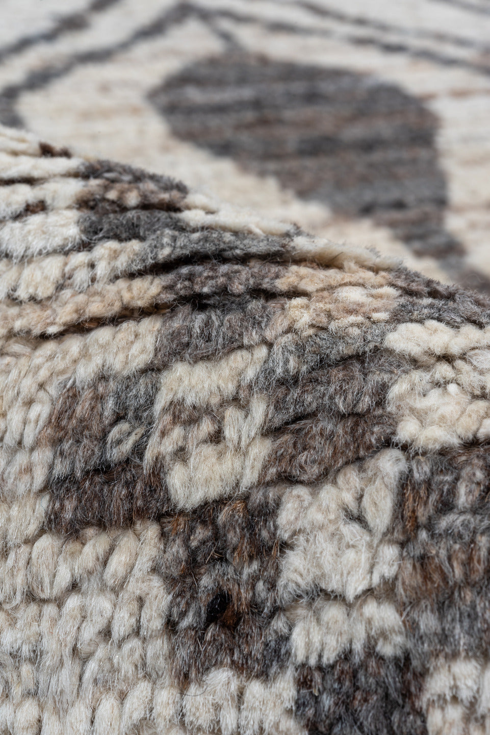 10' x 14' one-of-a-kind handmade vintage Tulu large size rug. Color palette: ivory, charcoal, taupe, gray, brown, black
