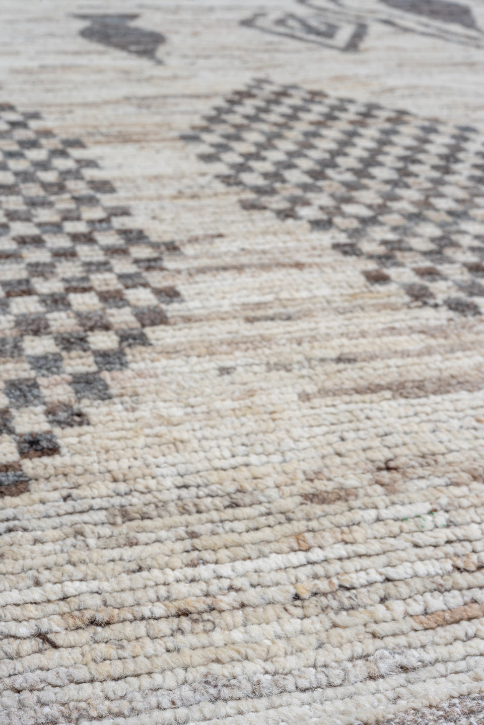 10' x 14' one-of-a-kind handmade vintage Tulu large size rug. Color palette: ivory, charcoal, taupe, gray, brown, black