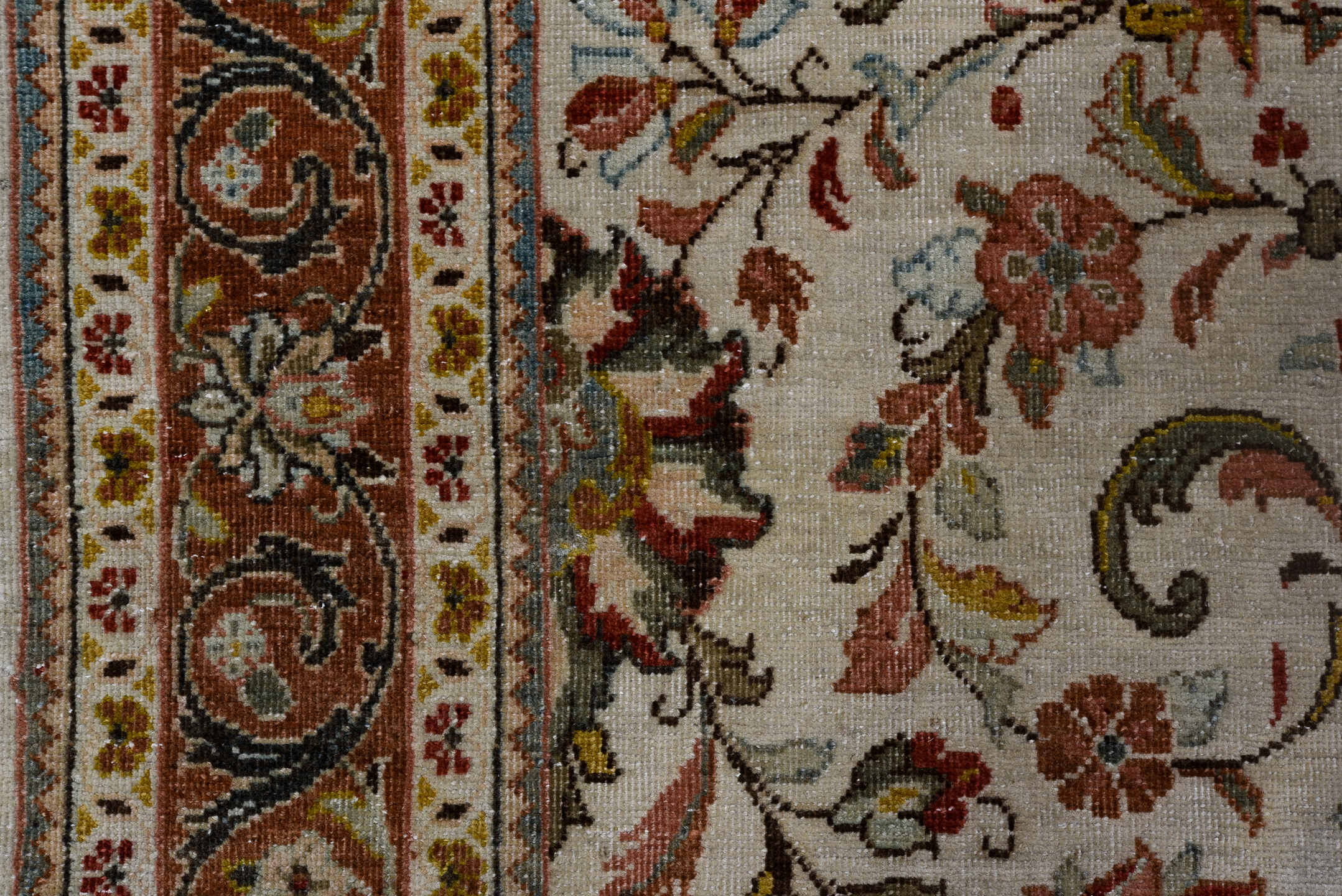 4' x 9' one-of-a-kind handmade antique Sarouk runner rug. Color palette: ivory, camel, rust, light blue, sage, gold, brown