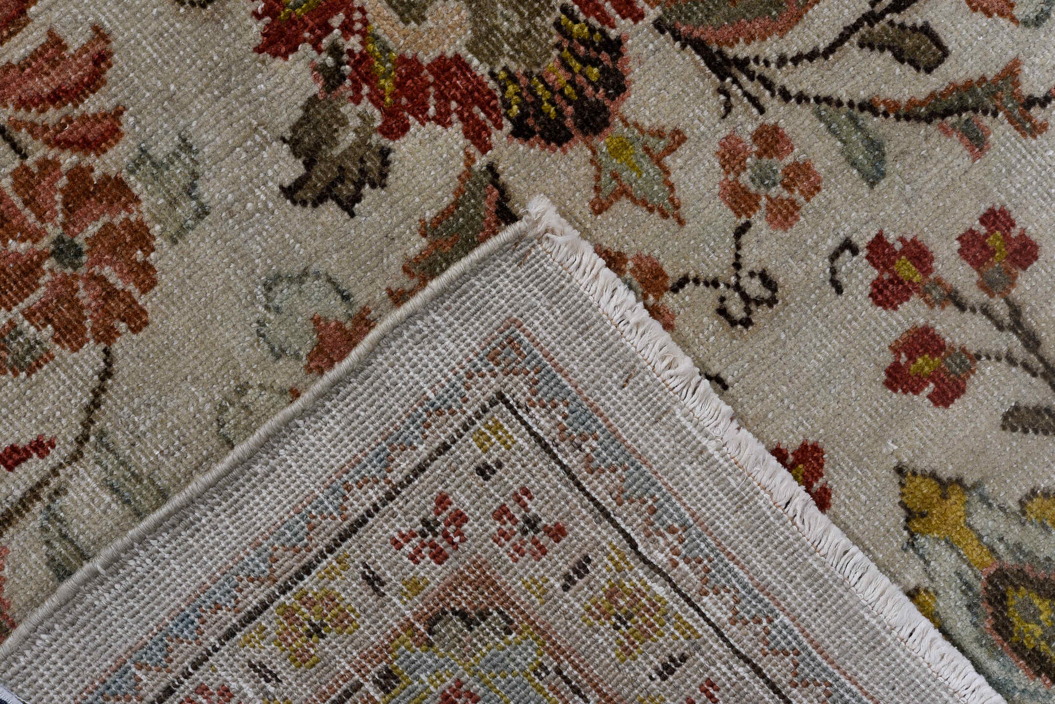 4' x 9' one-of-a-kind handmade antique Sarouk runner rug. Color palette: ivory, camel, rust, light blue, sage, gold, brown