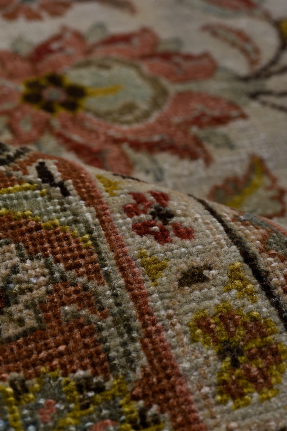 4' x 9' one-of-a-kind handmade antique Sarouk runner rug. Color palette: ivory, camel, rust, light blue, sage, gold, brown