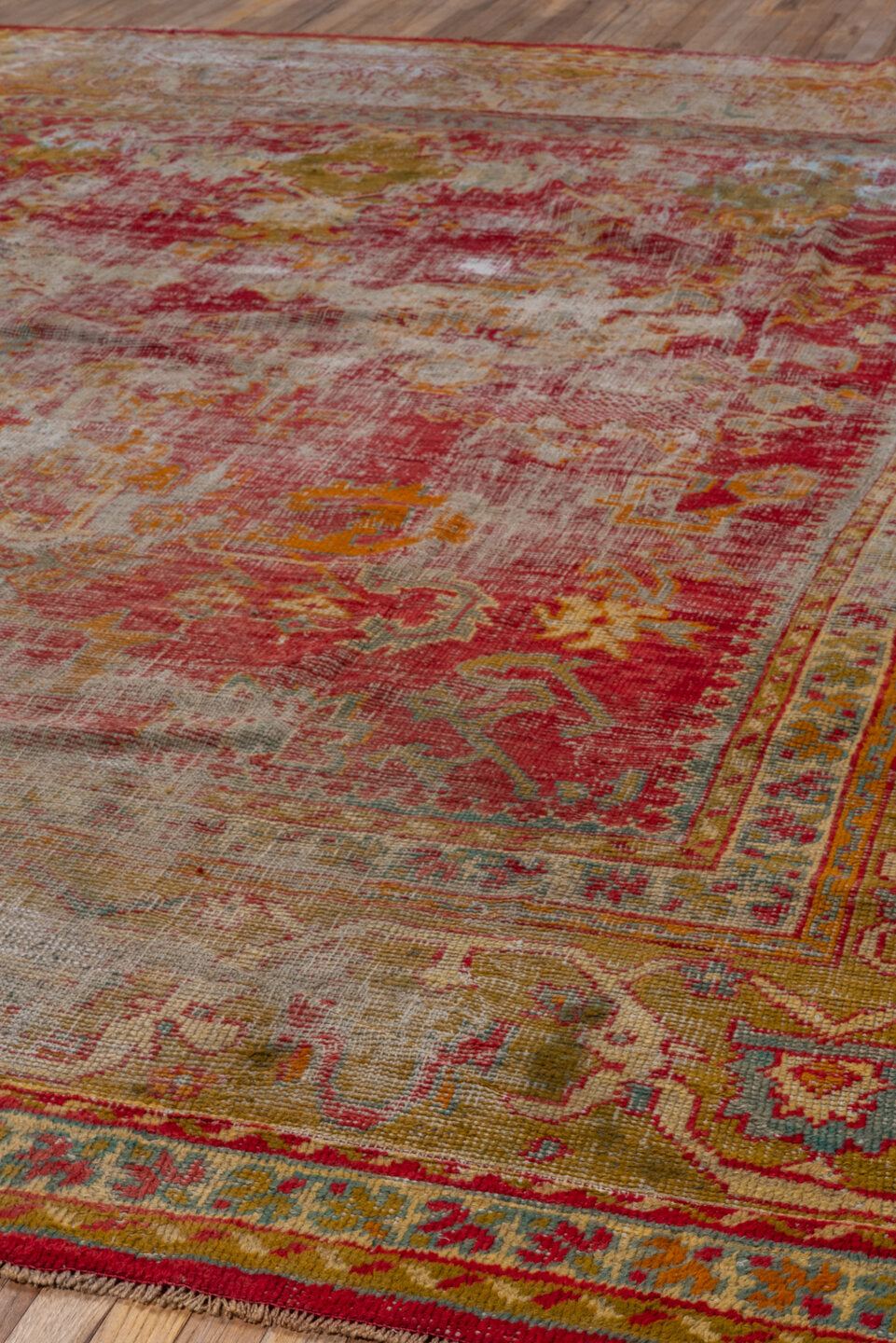 11' x 12' one-of-a-kind handmade vintage Oushak oversize rug. Color palette: brown, gray, light gray, pink, red