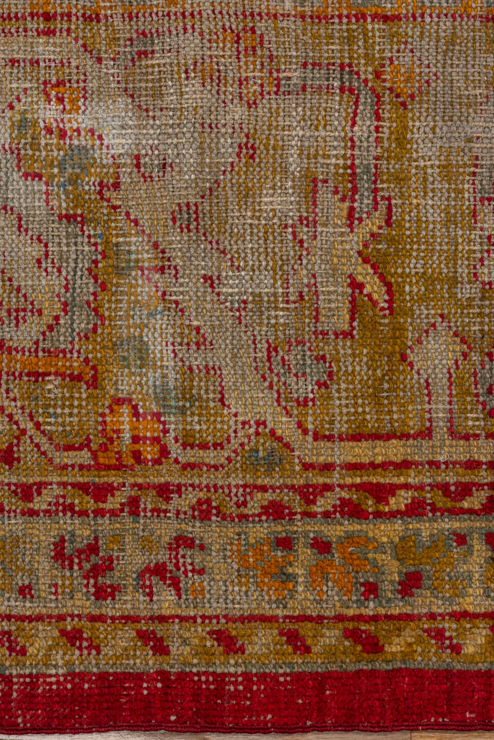 11' x 12' one-of-a-kind handmade vintage Oushak oversize rug. Color palette: brown, gray, light gray, pink, red