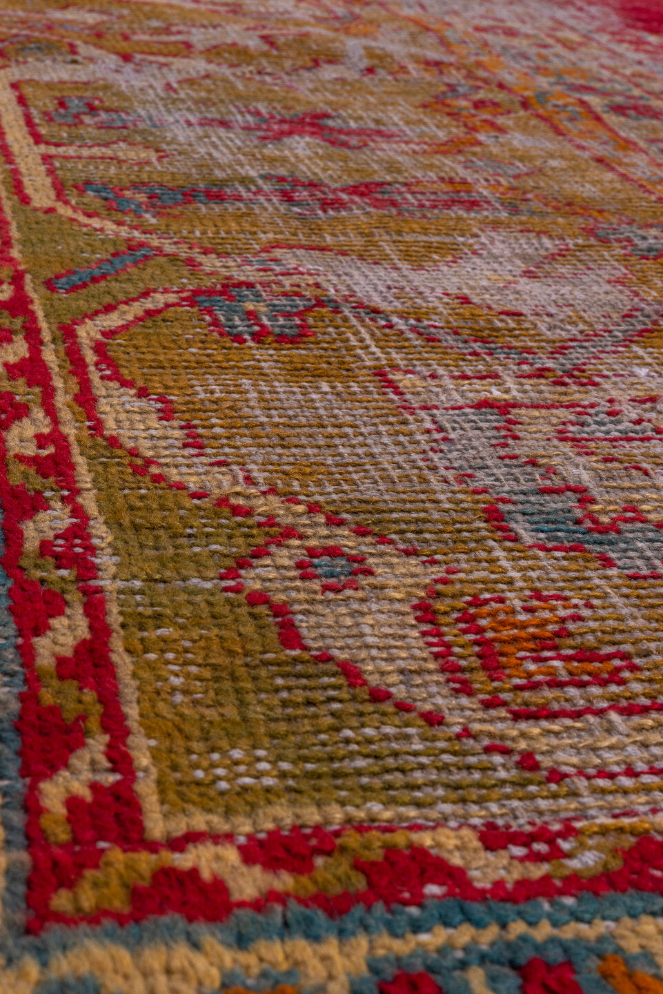 11' x 12' one-of-a-kind handmade vintage Oushak oversize rug. Color palette: brown, gray, light gray, pink, red