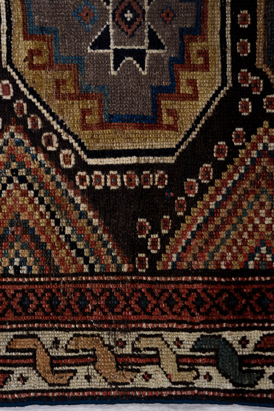 3' x 10' one-of-a-kind handmade vintage NW Persian runner rug. Color palette: black, blue, brown, charcoal, gray, indian red