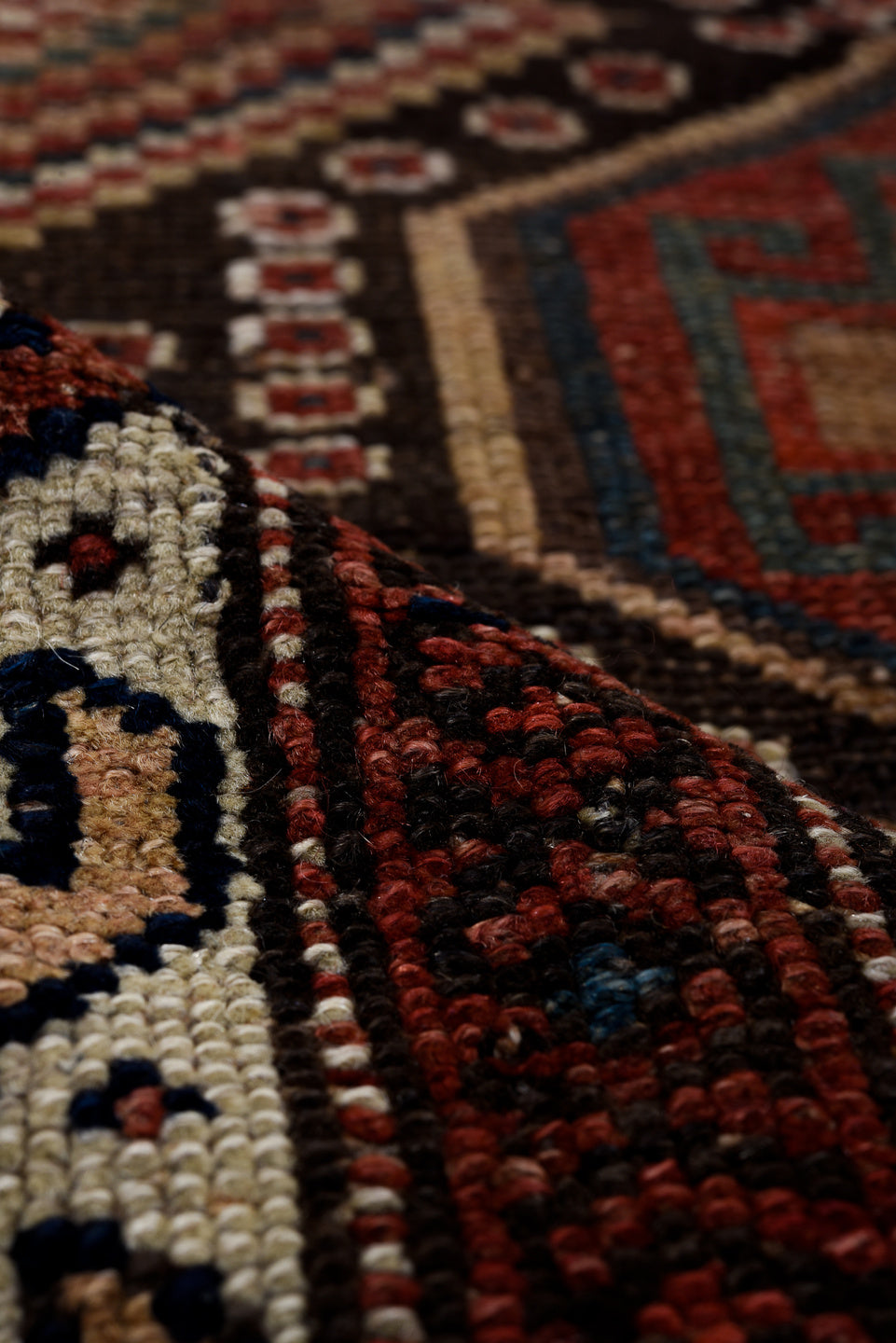 3' x 10' one-of-a-kind handmade vintage NW Persian runner rug. Color palette: black, blue, brown, charcoal, gray, indian red