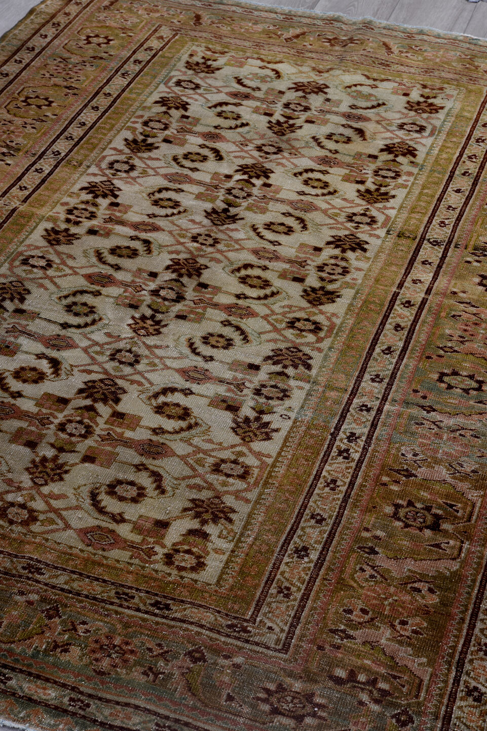 4' x 6' one-of-a-kind handmade antique Malayer small size rug. Color palette: ivory, sage, taupe, brown, rust, rose