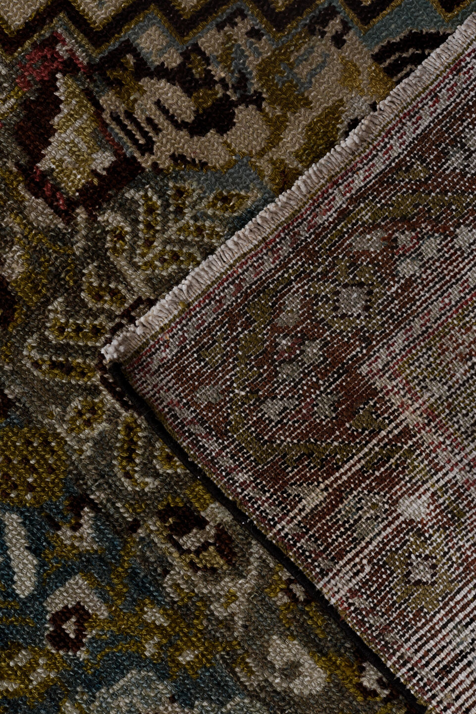 2' x 12' one-of-a-kind handmade vintage Malayer runner rug. Color palette: black, blue, brown, gray, light gray, off-white