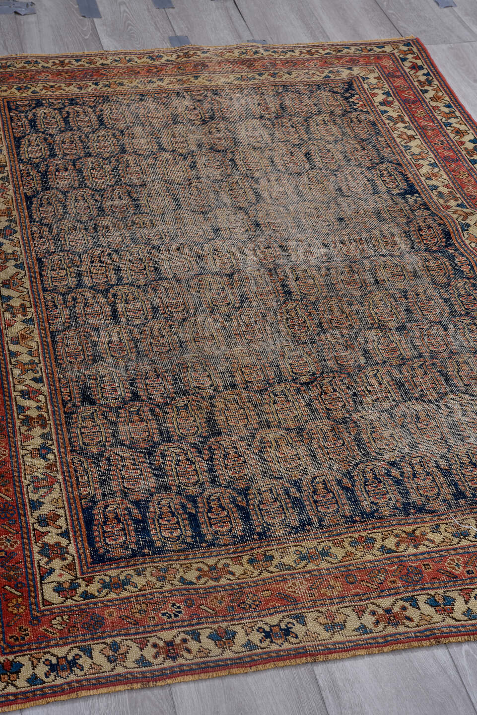 4' x 5' one-of-a-kind handmade vintage Afshar small size rug. Color palette: taupe, ivory, rust, navy, brick, camel, beige